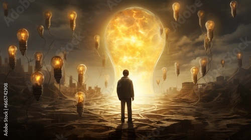Man with alot of lightbulb Idea big thinking creativity and inspiration concepts with lightbulb photo