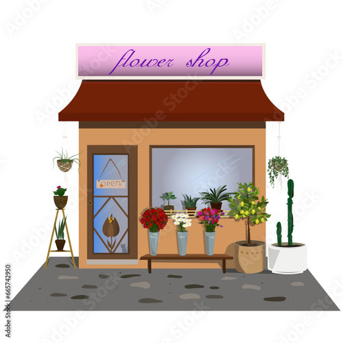 Flower shop vector ilustration with roses, hoseplants. Hand drawn