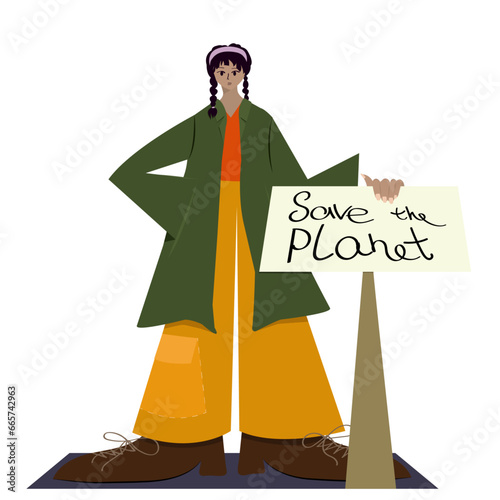 Eco, environmental protection activist young woman holding poster "Save the planet". Protest strike against climate change.  Flat hand drawn vector illustration 