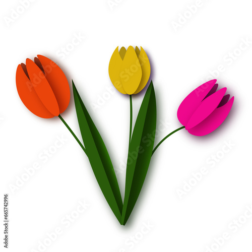 Paper cut bouquet of yellow, orange, pink tulips. Vector hand drawn illustration