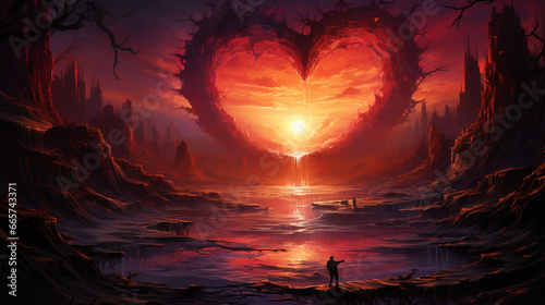heart shaped waterfall, sunrise, surrealism