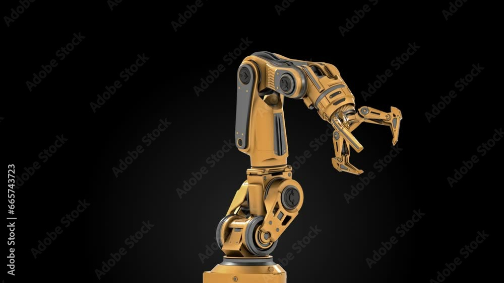 Robotic arm. Yellow mechanical hand. Industrial robot manipulator. Futuristic industrial technology. Isolated on color background. 3D rendering animation with alpha Robotic arm. Yellow mechanical hand. Industrial robot manipulator. Futuristic industrial technology. Isolated on color background. 3D rendering animation with alpha