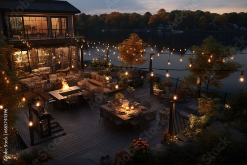 Dusk Retreat  Luxurious Lake House with Glowing Terrace  Romantic Firepits  and Illuminated String Lights on Calm Waters