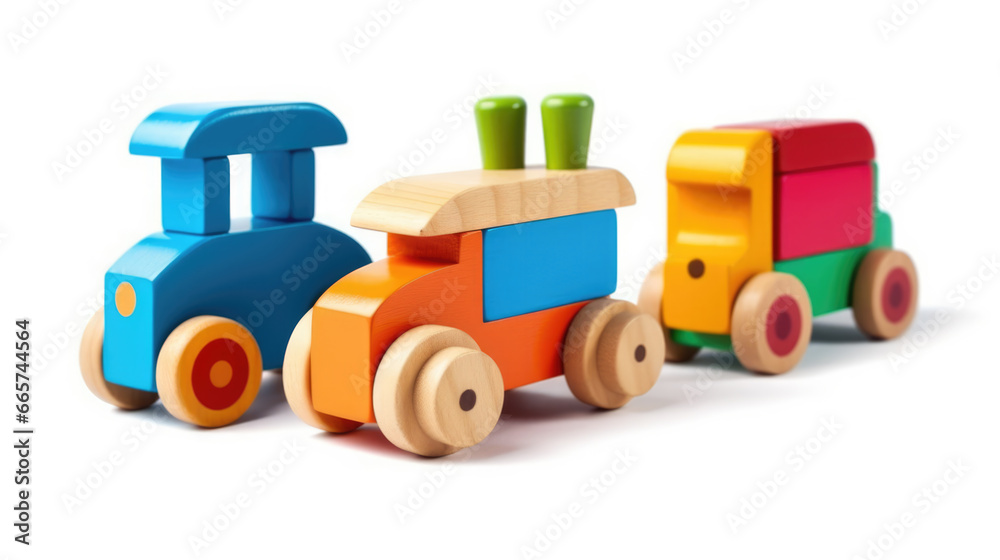 Charming wooden toys on a pure white canvas, evoking timeless nostalgia and wholesome play