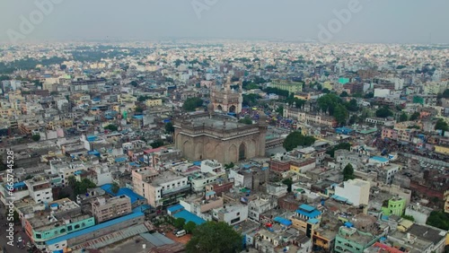 aerial view of charminar and mecca masjid surrounded by buildings in old city, hyderabad, telangana photo