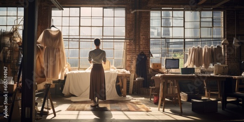 female woman fashion designer creative smart artist working in warehouse studio daylight