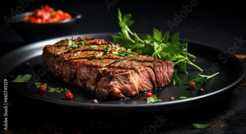 Juicy veal steak with spices. with tomatoes and basil