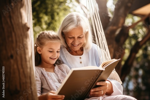 old senior grandmother in swing easy comfort hammock with her child girl nephew reading book together happiness cheerful at home healthy lifestyle photo