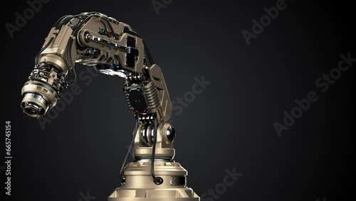 Robotic arm, mechanical hand or Industrial robot manipulator. Futuristic industrial technology. Side view isolated on black background. 3d rendering animation with alpha photo