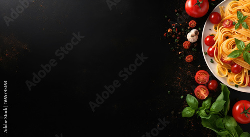 Yummy Spaghetti with tomatoes and basil. Dark background.