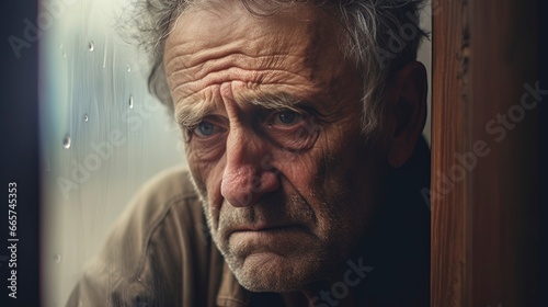 Depressed sad looking old man near a window. Dramatic concept for mental illness, alzheimer, dementia, depression, grief.