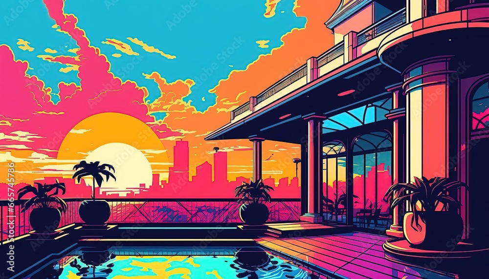 Obraz premium City pop beach evening pop art, Vivid color, Sunset. Generative AI illustrations