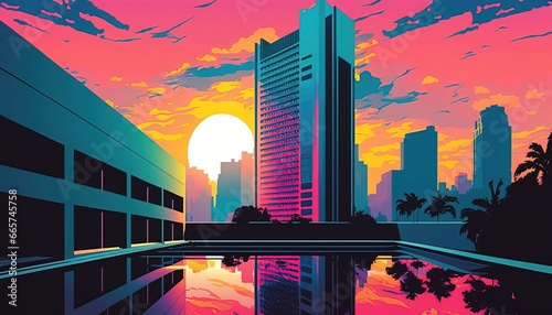 City pop beach evening pop art, Vivid color, Sunset. Generative AI illustrations