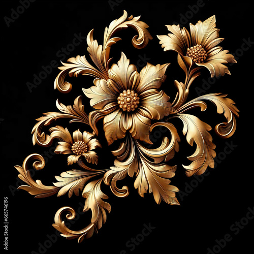 Abstract gold background  fantastic golden metal floral patterns isolated on black.