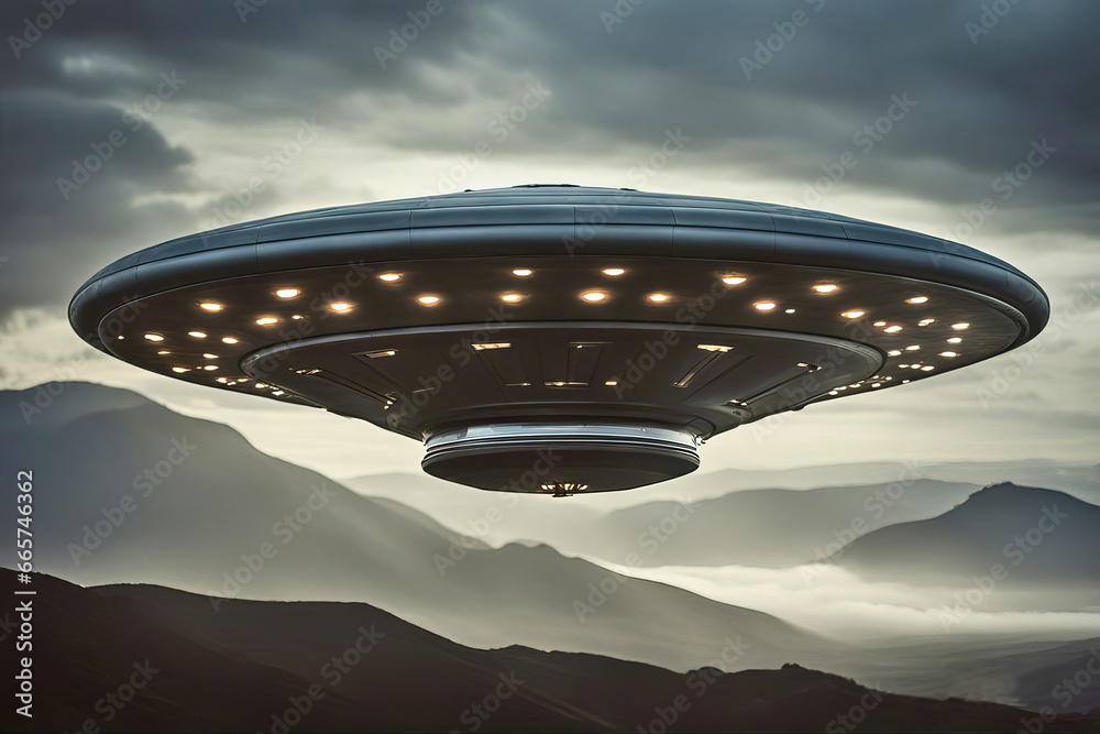 Alien spaceship as science fiction background, UFO alien technology vehicle on red desert.