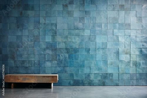 Rectangular wall with glazed tile wallpaper featuring blue patina blocks. Generative AI