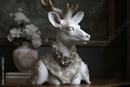 An elegant deer with a lifelike appearance in a noble and regal setting inspired by the 18th-century Victorian era. The image has a surreal and artistic touch. Generative AI