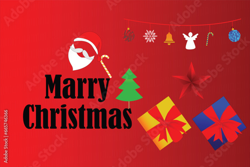 Red color christmas abstrack background .Green Christmas tree with star and box of gifts strewn with snow on red round studio podium, realisti. Xmas Decorations. Vector illustration