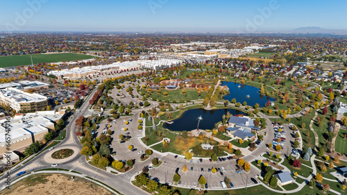 City park with ponds next to a shopping center in Boise, Idaho