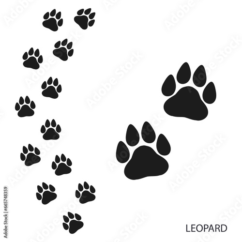 Paw prints, animal footprints, leopard footprints template. Icon and track of footprints. Black silhouette. Vector