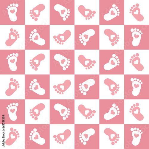 Seamless pattern, pink baby footprints, steps on a checkered background. Print, textile, background, vector