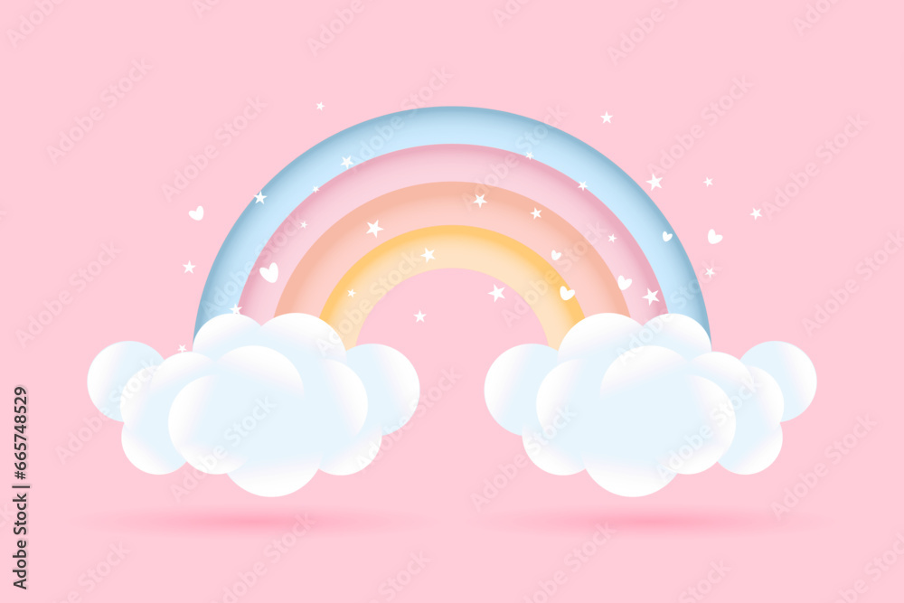 Rainbow with clouds and stars on a pink background, childish design in pastel colors. Background, illustration, 3d baby shower, vector