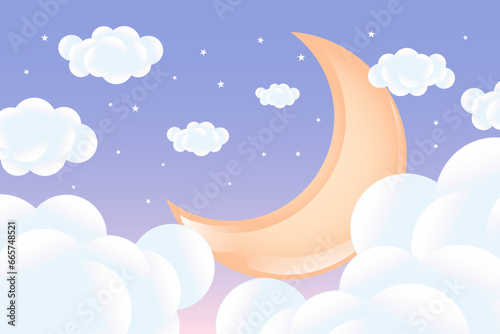 3d baby shower, growing moon with clouds on a soft blue background, childish design in pastel colors. Background, illustration, vector.