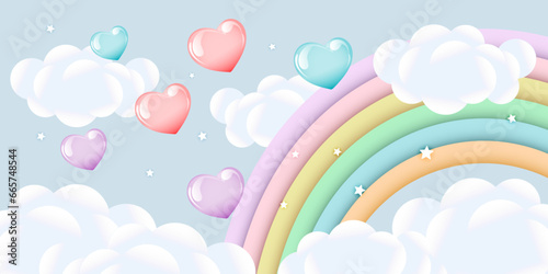 3d baby shower, rainbow with clouds and balloons on the starry sky, children's design in pastel colors. Background, illustration, vector.