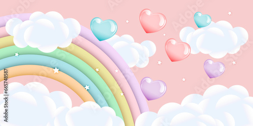 Rainbow with clouds and balloons on the starry sky, children's design in pastel colors. Background, 3d baby shower, illustration, vector.