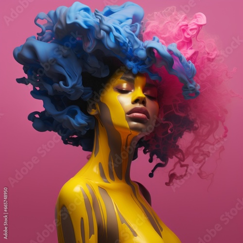 A woman in colorful afro hair splashed with pink liquid paint in a studio setting.