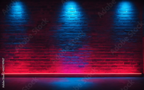 Red and blue neon lights on brick wall texture background
