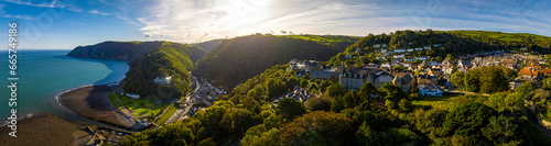 Aerial view of Lynton, a town on the Exmoor coast in the North Devon district in the county of Devon, England photo
