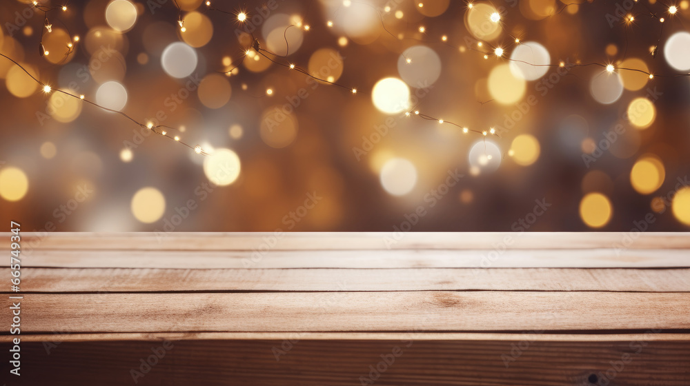 Product Display, aged wooden boards create a rustic contrast against a blurred Christmas background, adding character to the holiday scene.