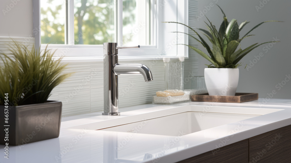 A modern sink with a shiny chrome faucet in a clean, organized bathroom, ready for use.hygiene concept A modern sink with a shiny chrome faucet in a clean, organized bathroom, ready for use.hygiene concept