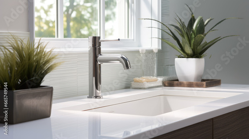 A modern sink with a shiny chrome faucet in a clean  organized bathroom  ready for use.hygiene concept