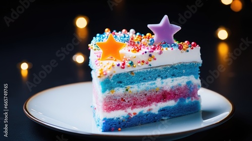 A slice of rainbow cake on a plate with lights in the background. AI image.