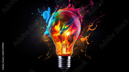 A creative light bulb exploding with colorful paint and splashes on a black background. Concept for thinking differently and creative ideas.