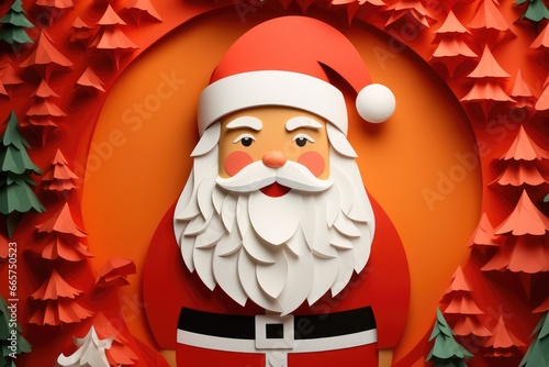 Paper art style santa claus decoration christmas background.