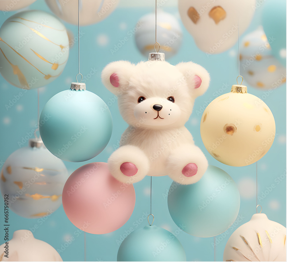 Christmas toys, teddy bear, New Year decorations on light pastel background. Christmas toys, teddy bear, New Year decorations on light pastel background.