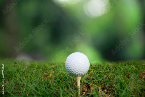Golf ball set on tee with green bokeh background