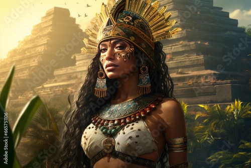 Aztec woman pyramid. Tourist sacred. Generate AI photo