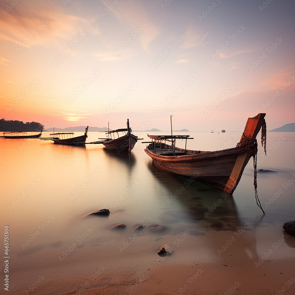 Serenity Unveiled: A Soft Focus Long Exposure Capture of Traditional Thai Boats at Rest, Anchored Near the Shoreline, bathed in the Warm-Toned Embrace of a Koh Mak Beach Sunset Serenity Unveiled: A Soft Focus Long Exposure Capture of Traditional Thai Boats at Rest, Anchored Near the Shoreline, bathed in the Warm-Toned Embrace of a Koh Mak Beach Sunset