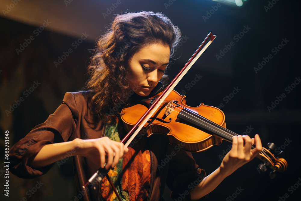 Musician girl plays the violin.