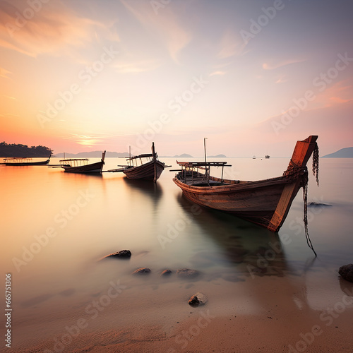 Serenity Unveiled  A Soft Focus Long Exposure Capture of Traditional Thai Boats at Rest  Anchored Near the Shoreline  bathed in the Warm-Toned Embrace of a Koh Mak Beach Sunset