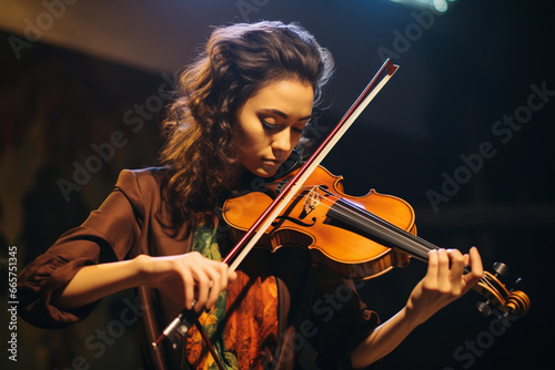 Musician girl plays the violin.