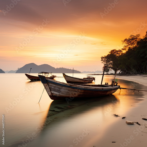 Serenity Unveiled: A Soft Focus Long Exposure Capture of Traditional Thai Boats at Rest, Anchored Near the Shoreline, bathed in the Warm-Toned Embrace of a Koh Mak Beach Sunset