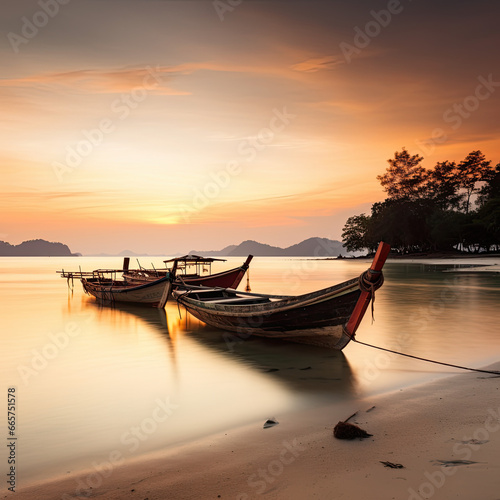 Serenity Unveiled: A Soft Focus Long Exposure Capture of Traditional Thai Boats at Rest, Anchored Near the Shoreline, bathed in the Warm-Toned Embrace of a Koh Mak Beach Sunset © Infinite Shoreline