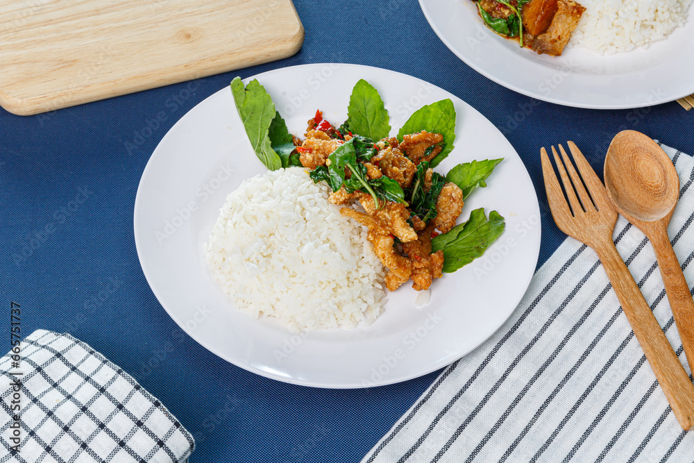 Crispy Chicken with Holy Basil with rice - Asian local street food style - Thai local food style Crispy Chicken with Holy Basil with rice - Asian local street food style - Thai local food style