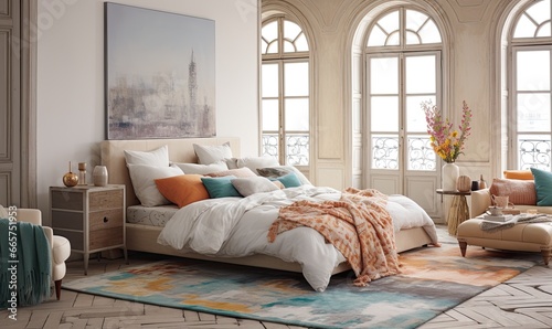 Photo of a cozy bedroom with a luxurious bed and an exquisite artwork hanging on the wall photo