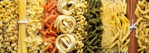Obraz  z motywem Different of types and shapes of uncooked pasta background